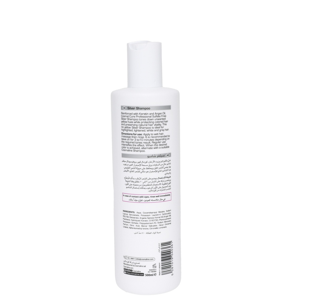 Cosmal Cure Professional Silver Shampoo For Highlighted/Lightened/White/Grey Hair 500Ml