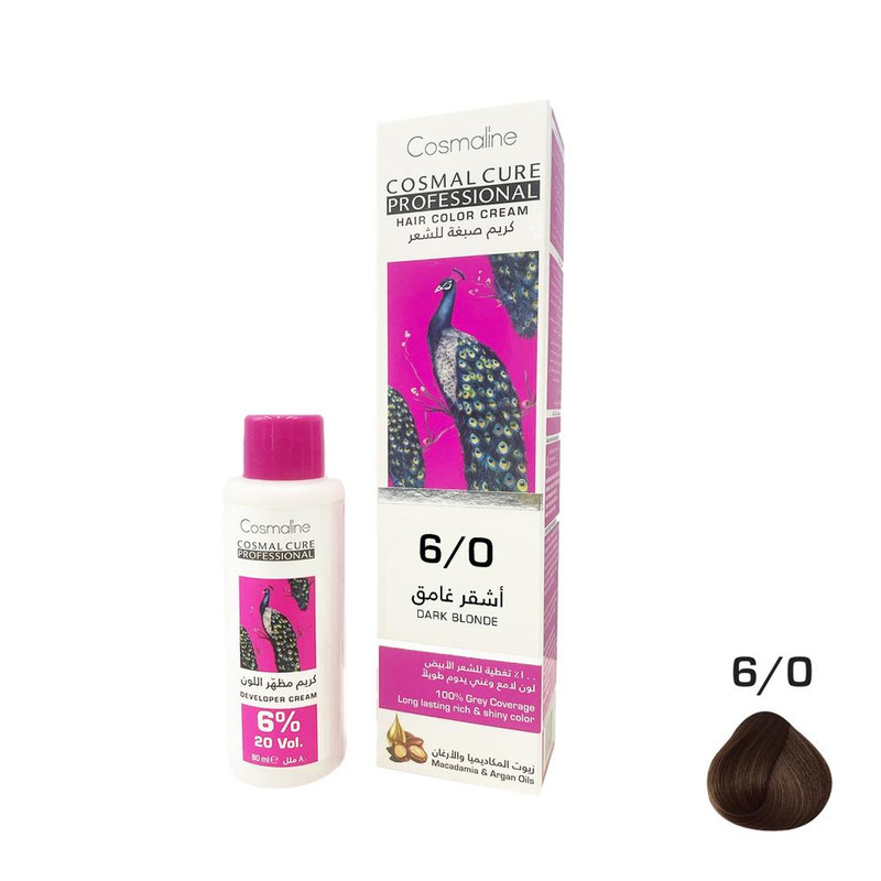 Cosmal Cure Professional Hair Color Cream Dark Blonde 6/0 + Developer Cream