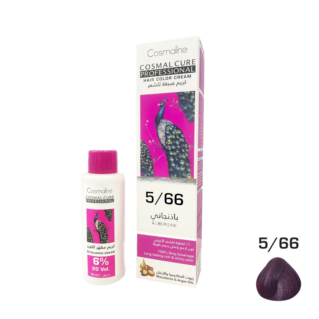 Cosmal Cure Professional Hair Color Cream Aubergine 5/66 + Developer Cream