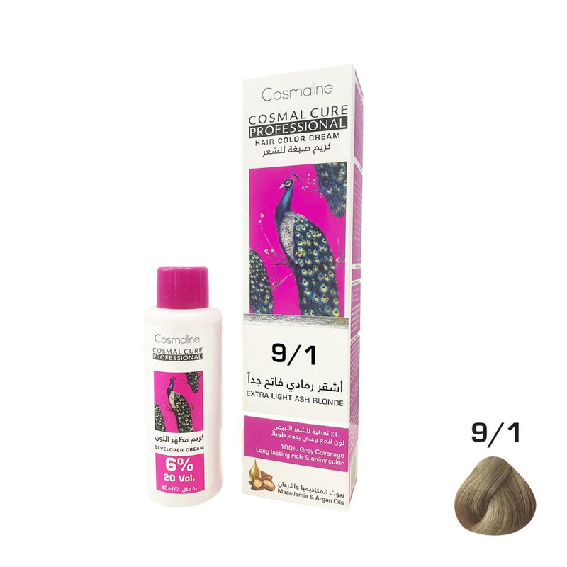 Cosmal Cure Professional Hair Color Cream Extra Light Ash Blonde 9/1 + Developer Cream