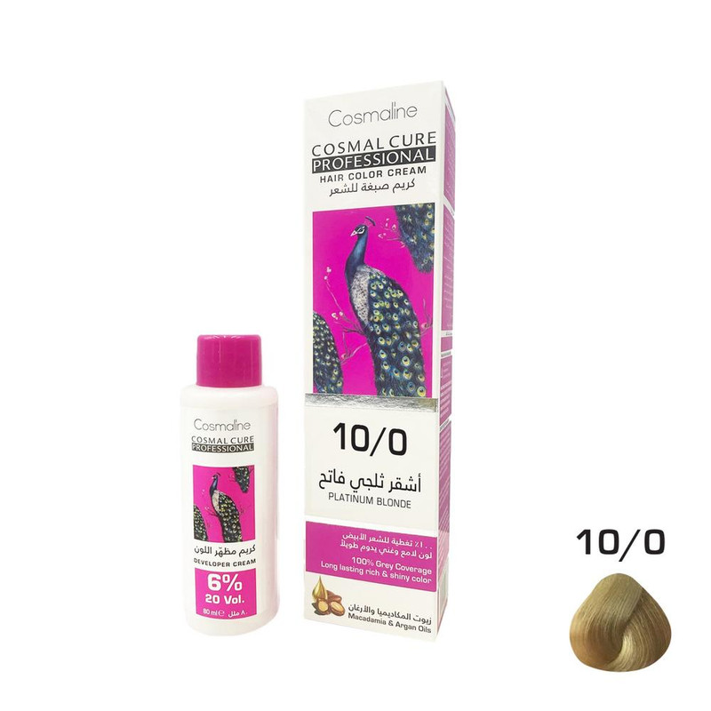 Cosmal Cure Professional Hair Color Cream Platinum Blonde 10/0 + Developer Cream