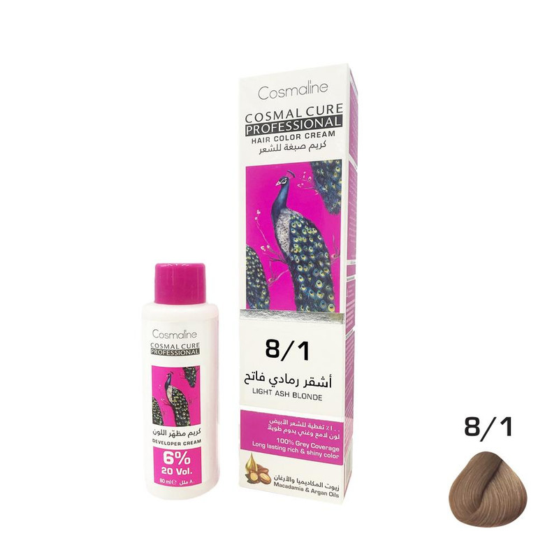 Cosmal Cure Professional Hair Color Cream Light Ash Blonde 8/1 + Developer Cream