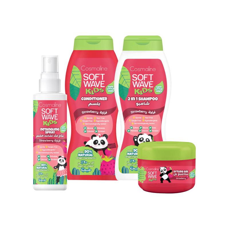 Soft Wave Kids Natural Set Strawberry (Shampoo,Conditioner,Detangling Spray&Styling Gel)