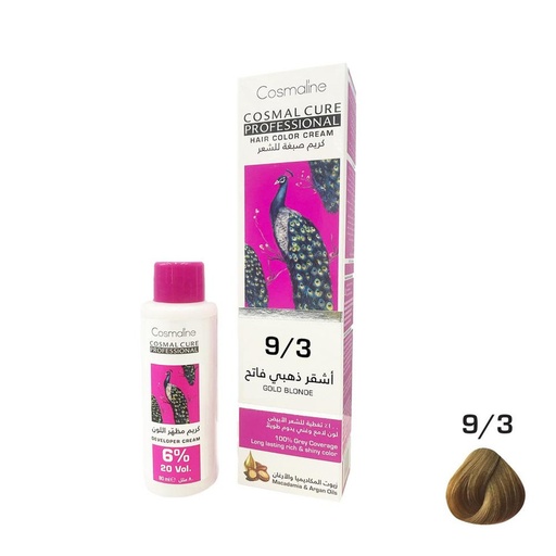 [120034-CCPd] Cosmal Cure Professional Hair Color Cream Gold Blonde 9/3 + Developer Cream